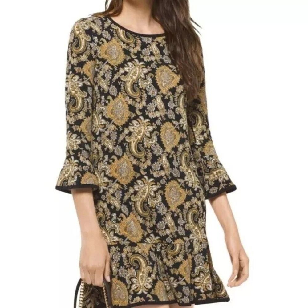 Michael Kors Women's Paisley Bell 3/4 Sleeve Flutter Jersey Stretch Dress Size M
